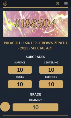 Pikachu 160/159 Crown Zenith Special Art Pokemon Card - ACE 10 Perfect Subgrades - Image 5