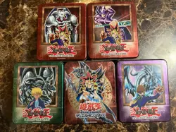 YUGIOH LOT OF 5 VINTAGE EMPTY COLLECTOR'S TINS-BLUE EYES YUGI DARK MAGICIAN - Image 1