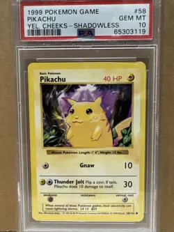 1999 POKEMON GAME BASE SET #58 PIKACHU YELLOW CHEEKS SHADOWLESS PSA 10 GEM MINT - Image 1