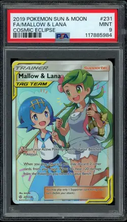 Pokemon PSA 9 Mallow & Lana 231/236 Sun & Moon Cosmic Eclipse Full Art Rare Mint - Image 1