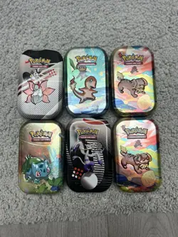 Six Empty Pokemon Mini Tins With 150+ Holos, Reverse Holos And Ex Cards - Image 1