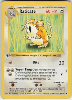 Pokemon TCG Raticate 040/102 Base Set (Shadowless) Uncommon card 1st Edition MP - Image 1