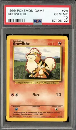 1999 POKEMON GAME BASE SET #28 GROWLITHE PSA 10 GEM MINT - Image 1