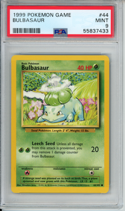 PSA 9 MINT 1999 POKEMON BASE SET BULBASAUR CARD 44/102 55624952 - Image 1