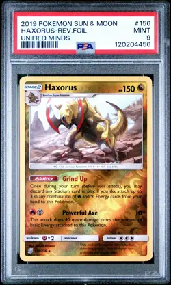 2019 POKEMON SUN & MOON UNIFIED MINDS #156 HAXORUS-REVERSE FOIL PSA 9 - Image 1
