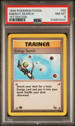 1999 POKEMON FOSSIL 1ST ED #59 ENERGY SEARCH PSA 8 - Image 1