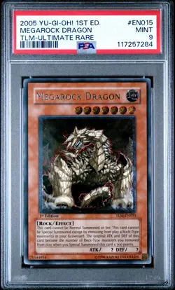2005 YUGIOH 1ST ED TLM-EN015 MEGAROCK DRAGON ULTIMATE RARE PSA 9 MINT #117257284 - Image 1