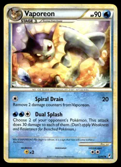 2011 Pokemon HeartGold & SoulSilver - Call of Legends Vaporeon #52 Light Play - Image 1