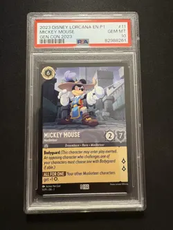 2023 Disney Lorcana En P1 Gen Con Mickey Mouse Musketeer Promo Card PSA 10 - Image 1
