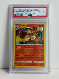 2019 Pokemon Sun & Moon Charizard Holo Team Up Cracked Ice 14/181 PSA 8 - Image 1