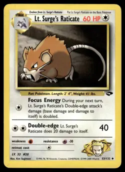 2000 Pokemon Gym - Challenge Lt. Surge’s Raticate #53 Light Play - Image 1