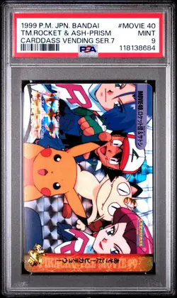 1999 POKEMON JPN BANDAI CARDDASS VENDING SER 7 TEAM ROCKET & ASH-PRISM PSA 9 - Image 1