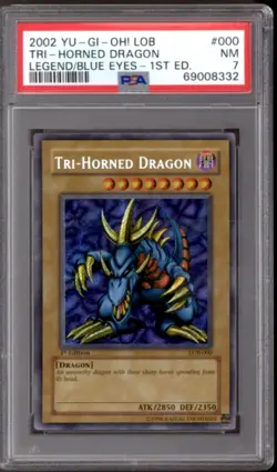 Yu-Gi-Oh Legend of Blue Eyes 1st Edition WAVY Tri-Horned Dragon LOB-000 PSA 7 - Image 1
