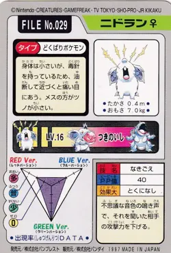 Nidoran Pokemon Carddass No. 029 Bandai 1997 Pocket Monsters Japanese - Image 2