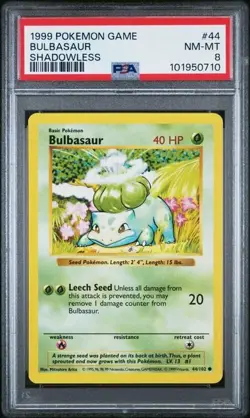 PSA 8 Bulbasaur Shadowless Pokemon Card 44/102 WOTC Base Set Vintage NM-MT NEW - Image 1