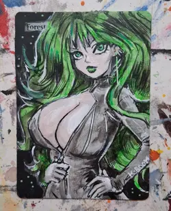 Altered Mtg Hand Painted Anime Girl One Of A Kind Forest Green Cyberpunk Girl - Image 1