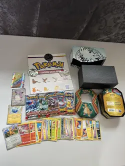 Pokemon Card Mixed Lot: 5 SEALED Packs, 40+ Cards, 1 Poster, 1 Empty ETB & Tin - Image 1