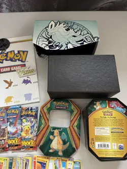 Pokemon Card Mixed Lot: 5 SEALED Packs, 40+ Cards, 1 Poster, 1 Empty ETB & Tin - Image 2