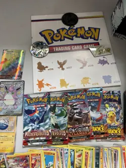 Pokemon Card Mixed Lot: 5 SEALED Packs, 40+ Cards, 1 Poster, 1 Empty ETB & Tin - Image 3