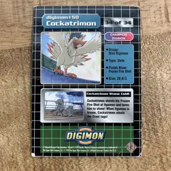 1999 Cockatrimon DP280 Digimon Upper Deck Card #50 34/34 1999 - Image 3