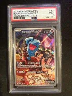 2025 POKEMON SVP DESTINED RIVALS ETB PROMO #203 TEAM ROCKET'S WOBBUFFET PSA 9 - Image 1