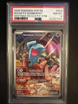 2025 POKEMON DESTINED RIVALS POKEMON CENTER ETB TEAM ROCKET'S WOBBUFFET PSA 8 - Image 1