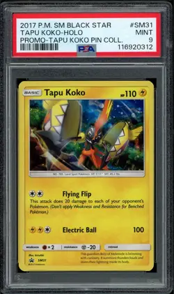 2017 Pokemon PSA 9 SM Tapu Koko Holo BSP SM31 Promo Card Tapu Koko Pin Coll - Image 1