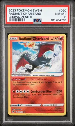 2023 POKEMON SWORD & SHIELD CROWN ZENITH #020 RADIANT CHARIZARD PSA 8 - Image 1