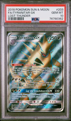 2018 PSA 10 GEM MINT Pokemon Tyranitar GX Lost Thunder Full Art #203 - Image 1