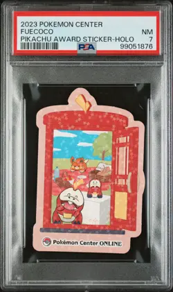2023 POKEMON CENTER PIKACHU AWARD DELIVERY! STICKER HOLO FUECOCO PSA 7 - Image 1