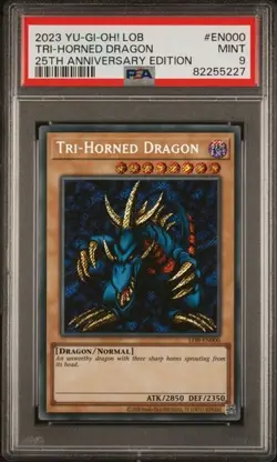 PSA 9 Tri-Horned Dragon 25th Anniversary Edition LOB-EN066 Yugioh English Card - Image 1
