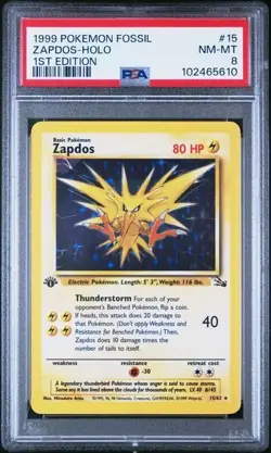 PSA 8 Grading Card Pokemon FOSSIL - ZAPDOS Holo 1st Edition #15 - Image 1