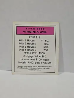 1996 Monopoly Virginia Ave. Replacement Deed Card - Image 1