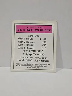 1996 Monopoly St. Charles Place Replacement Deed Card - Image 1