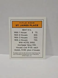 1996 Monopoly St. James Place Replacement Deed Card - Image 1