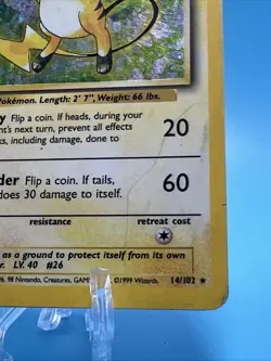 RAICHU 1999 POKEMON ORIGINAL SERIES BASE SET RARE HOLO 14/102 Q0443 - Image 4