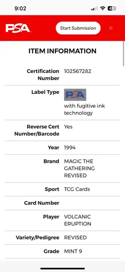 VOLCANIC ERUPTION Revised 1994 Magic: The Gathering MTG PSA 9 MINT 🔥Rare🔥 - Image 4