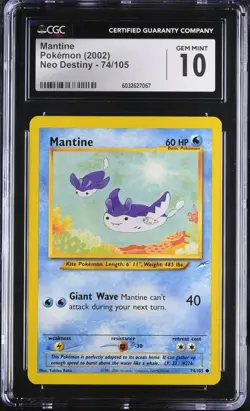 CGC 10 GEM MINT Mantine 74/105 Neo Destiny Vintage WOTC 2002 Pokemon Card - Image 1