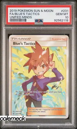 PSA 10 Gem Mint Blue’s Tactics Full Art 231/236 Pokemon Sun & Moon Unified Minds - Image 1