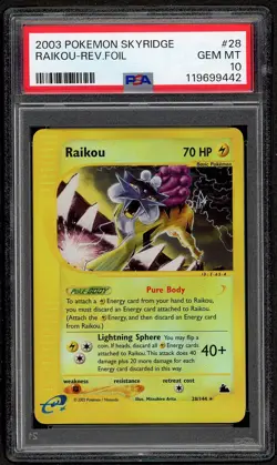 Pokemon Raikou Skyridge Reverse Holo Rare #28 PSA 10 GEM Mint - Image 1