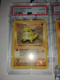 Pokemon ENGLISH Sandshrew Vulpix Lass Base Set SHADOWLESS PSA 8 NM/M 3 Card Lot - Image 2