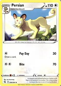 Persian 200/264 SWSH08: Fusion Strick Regular Common LP Pokemon Card - Image 1