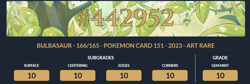 Ace 10 Bulbasaur 166/165 Pokemon Card 151 Holo Japanese **PERFECT 10** - NOT PSA - Image 3