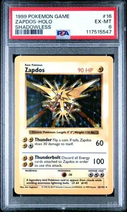 1999 POKEMON GAME #16 ZAPDOS HOLO SHADOWLESS VTG PSA 6 BASE SET - Image 1