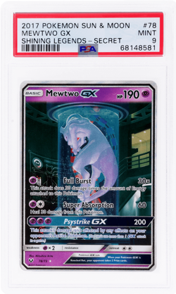 2017 Pokemon Sun and Moon Shining Legends Mewtwo Gx Secret Rare #78 PSA 9 - Image 1