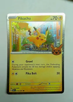 Pokemon Trick-or-Trade 2024 Cosmo Holo Paldean Fates 018/091 Pikachu - Image 1