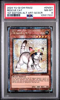 YuGiOh Rescue Cat (Alternate Art) Quarter Century Secret Rare RA02-EN001 PSA 8 - Image 1