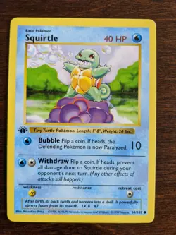Squirtle 1st Edition Shadowless Pokemon Card Base Set 63/102 English NM - Image 1