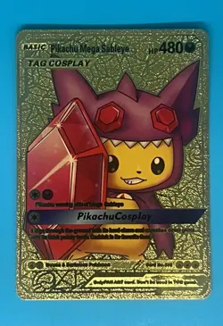 Pokemon Gold Foil Fan Art Card Pikachu Mega Sableye Tag Cosplay - Image 1