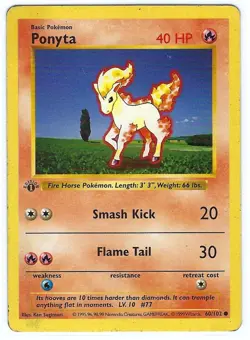 Ponyta - 1ST EDITION - SHADOWLESS - 1999 BASE SET card # 60/102 - MP - Image 1